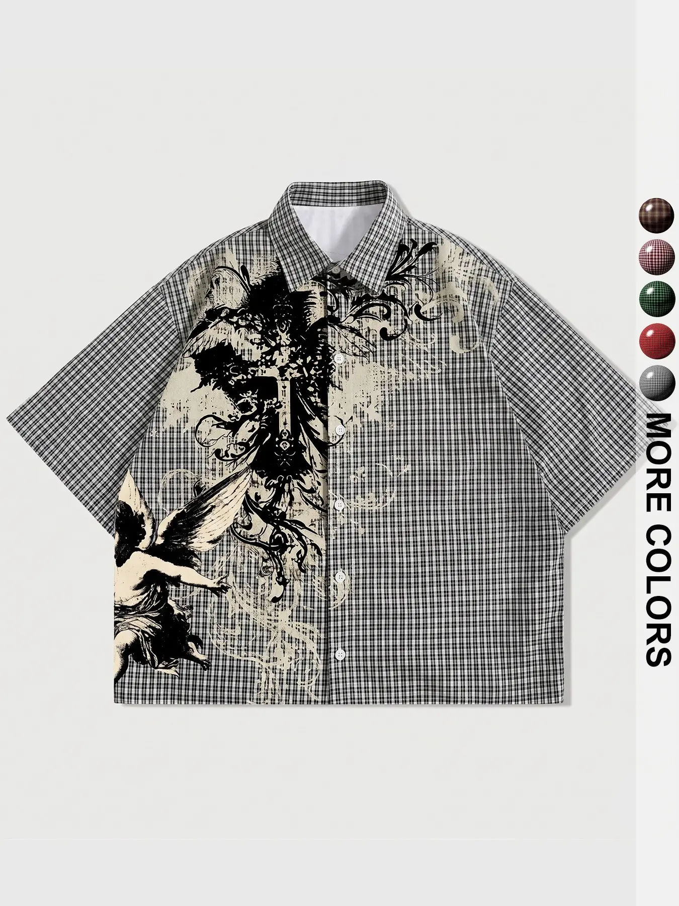 Men's Plaid Blouse, Casual Loose-Fitting Short Sleeve Shirt, Collared Shirts, Graphic Print, Minimalist Style, Comfortable Outdoor Wear