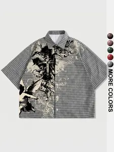 Men's Plaid Blouse, Casual Loose-Fitting Short Sleeve Shirt, Collared Shirts, Graphic Print, Minimalist Style, Comfortable Outdoor Wear