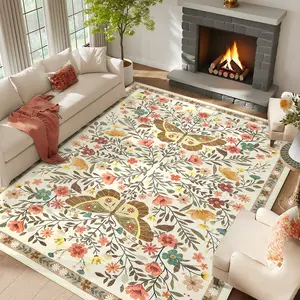 Butterfly Print Rug with Floral Border Soft Non-Slip Ultra-Thin Foldable Interior Decor Rug Washable for Bedrooms Dining Rooms Farmhouse Living Rooms carpet