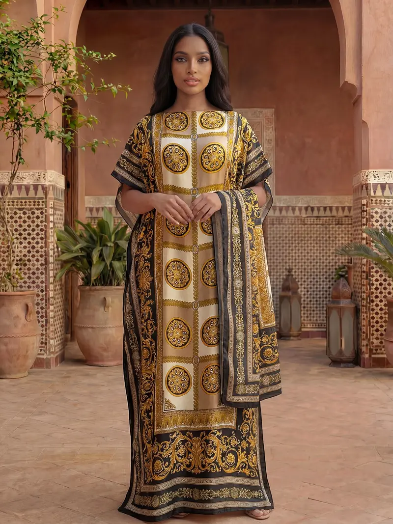 Elegant Geometric Print Satin Muumuu Dress and Shawl Set, Women's Long Beach Cover-Up with Scarf for All Seasons