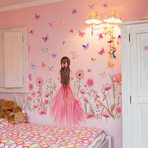 Fairy Princess Wall Decals, Pink Dress Girl and Purple Butterfly Floral Wall Stickers, Removable Vinyl Art for Girls Nursery Bedroom