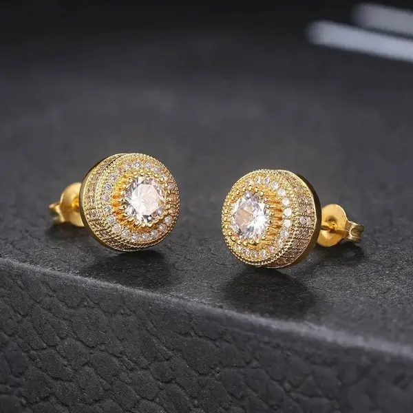 Men's Hip Hop Stud Earrings, Iced Out Round Synthetic Moissanite & Cubic Zirconia Gemstones, White Gold Plated Valentine's Day Gift, Synthetic Moissanite Stud