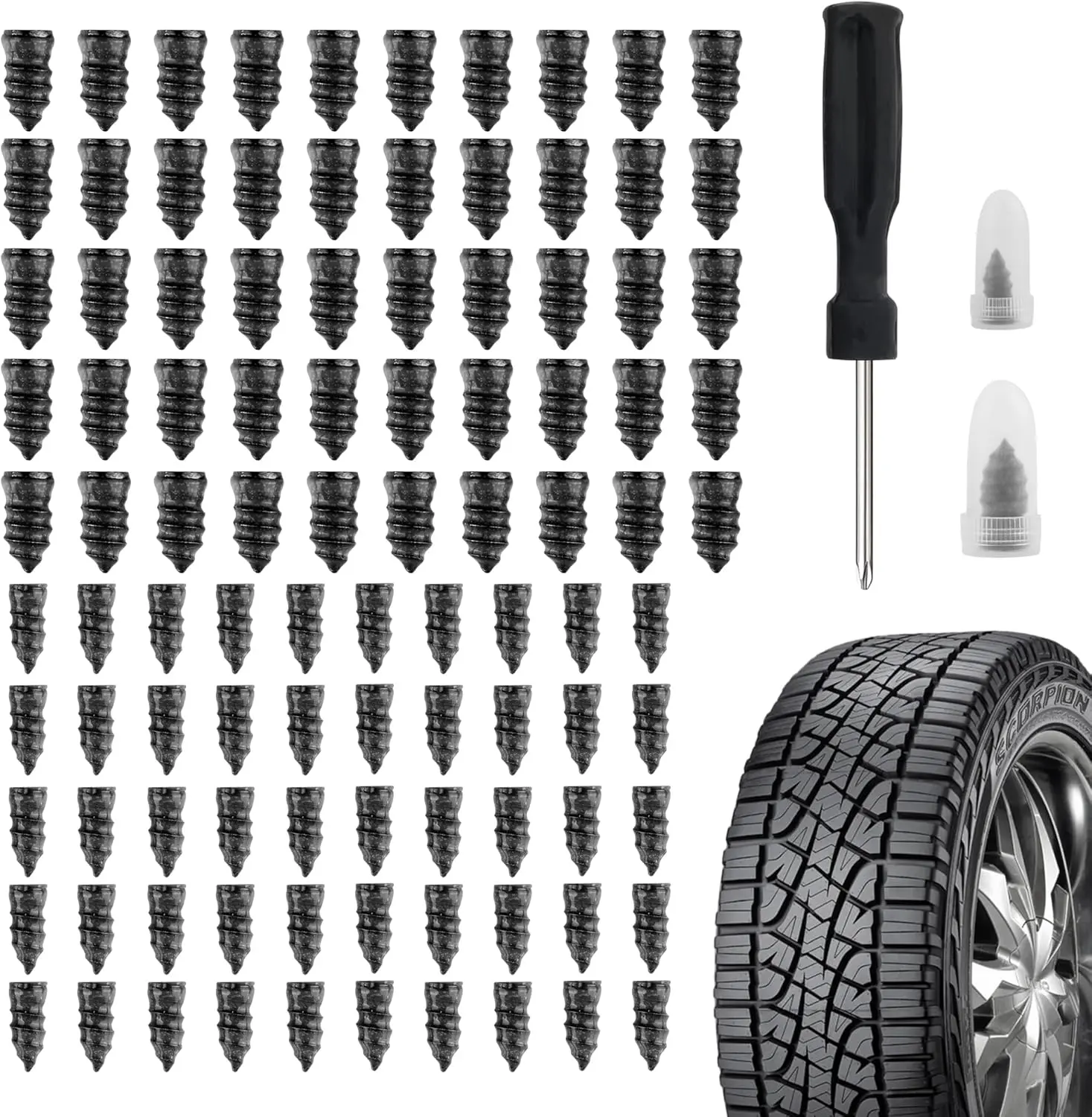100PCS Tire Plug Kit with Screwdriver,Rubber Flat Tire Repair Kit for Fast Repair of Tire Punctures,Durable Car Tire Repair Kit Self-Service Repair Nails for Car Motorcycle Truck Vehicle Tire Patch Tire Inflator