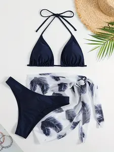 Women's Halter Neck Triangle Bikini Top & Swim Panty & Feather Print Cover Up Skirt Bikinis Set, Summer 2024 Elegant Swimwear Set, Ladies Summer Clothes, Triangle Bikini Sets