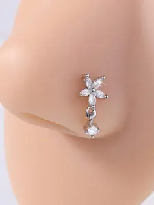 Cute Flower Design Nose Stud, Rhinestone Decor L Shaped Nostril Piercing Jewelry, Fashion Body Jewelry for Women & Girls