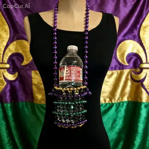 Mardi Gras Beaded Bottle Holder with Purple, Green, and Gold Beads for Festive Celebrations