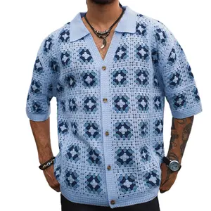 Men's Summer Cool Knitted Short-Sleeve Shirt Baby Blue Boho Vacation Casualwear Loose Fit Collared Button Closure All-Over Print