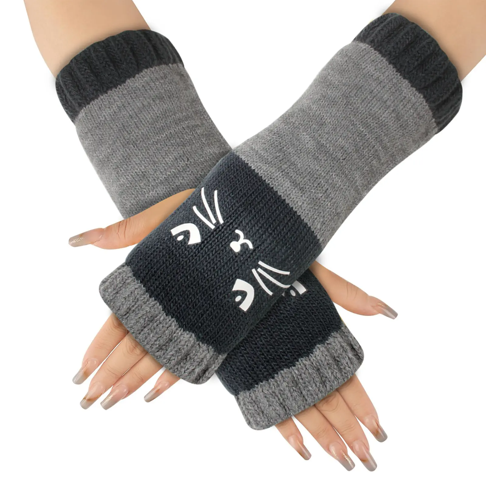 Female Knitted Fingerless Gloves with Animal Decorative Cute Cat Embroidery, Leaky Finger Openings, Cozy Daily Winter Hand Warmers for Casual Wear, Holiday Outfits