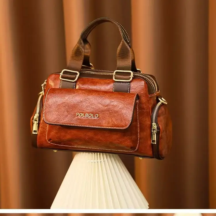A112-Vintage Textured Leather Boston Bag Casual Handbag Shoulder