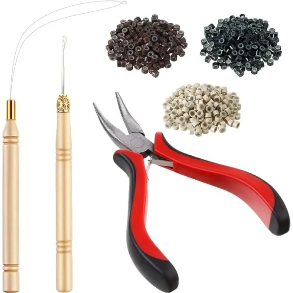Hair Extension Kit Pliers Pulling Hook Needle Sewing Bead Device Tool and 600 Pieces Silicone Lined Micro Rings for Tinsel and Feather Hair Extensions or Removal (Black, Blonde and Brown Beads)