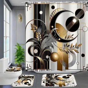 1/4 pcs luxury geometric pattern removable shower curtain set, festive design, non-slip floor mat, U-shaped carpet, toilet lid cover, perfect for bathroom decoration, partition, beautify the space, 12 hooks are included