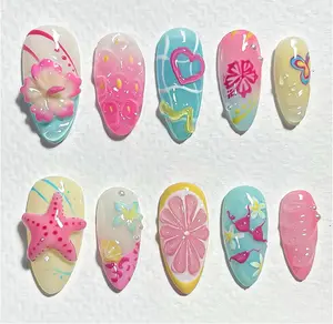 30Pcs Summer Press on Nails Medium Almond Fake Nails with 3D Starfish Designs, 30pcs Beach Press on Nails, 1pc Nail File, 24pcs Nail Jelly Stickers, 1pc Wooden Stick