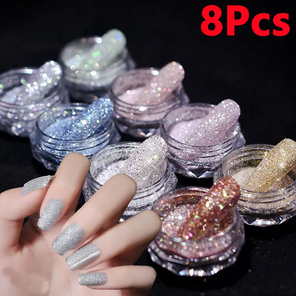 6/8Pcs Reflective Crystal Diamond Nail Art Powder Holographic Glitter  Micro Drill Chrome Pigment Sparkly Manicure Decorations *