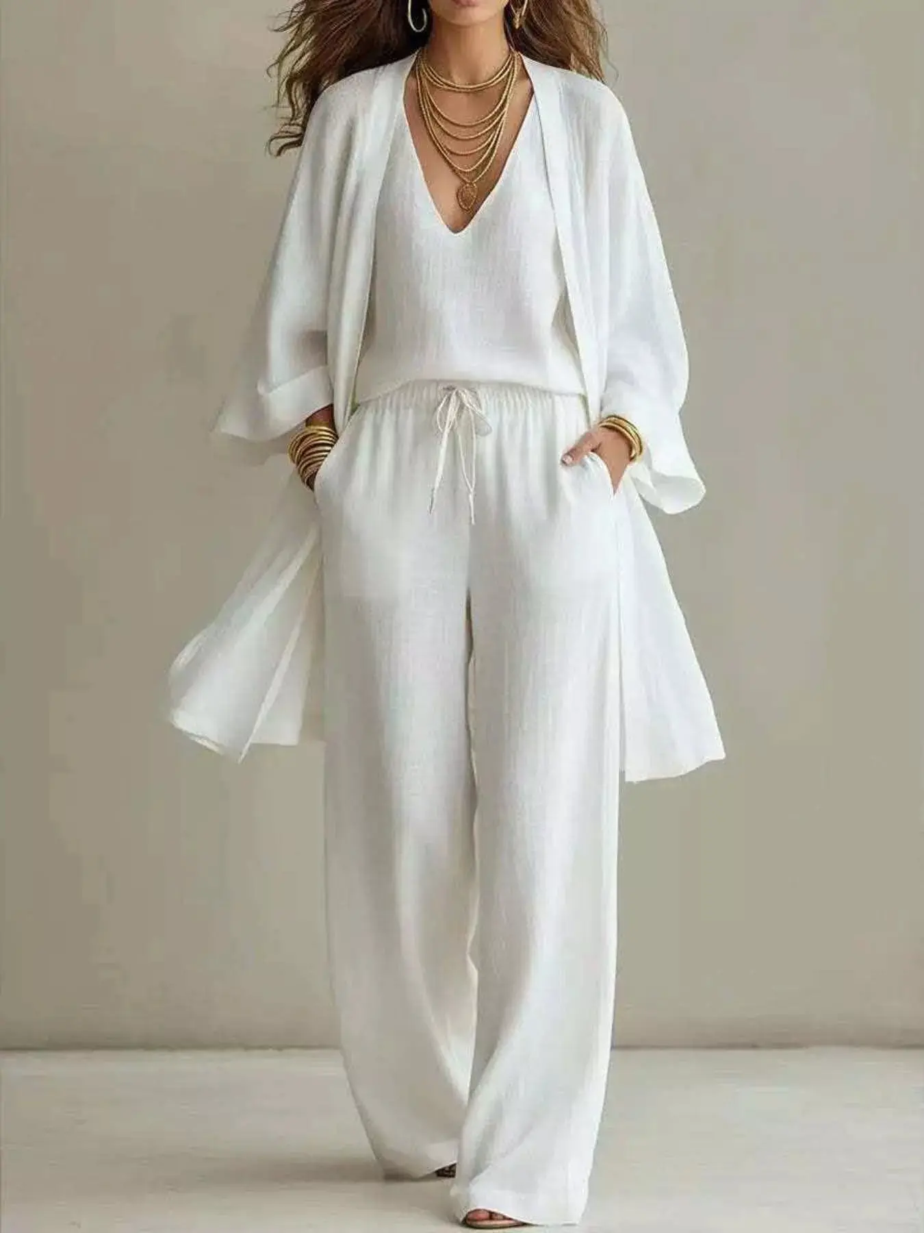 V-Neck Top & Cardigan & Pants Three-Piece Set