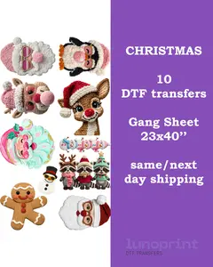 Christmas DTF Transfers Gang Sheet 10 Designs 23x40" Ready To Press for Cotton Polyester & Blends Same/Next Day Shipping Santa Crafts