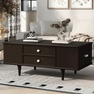 【Bellemave】U-Can Modern Rectangle Coffee Table with Four Drawers, Two Side Hidden Storage Compartments, 47.2" Wood Coffee Table with Metal Handles and Four Solid Wood Legs for Living Room    RR
