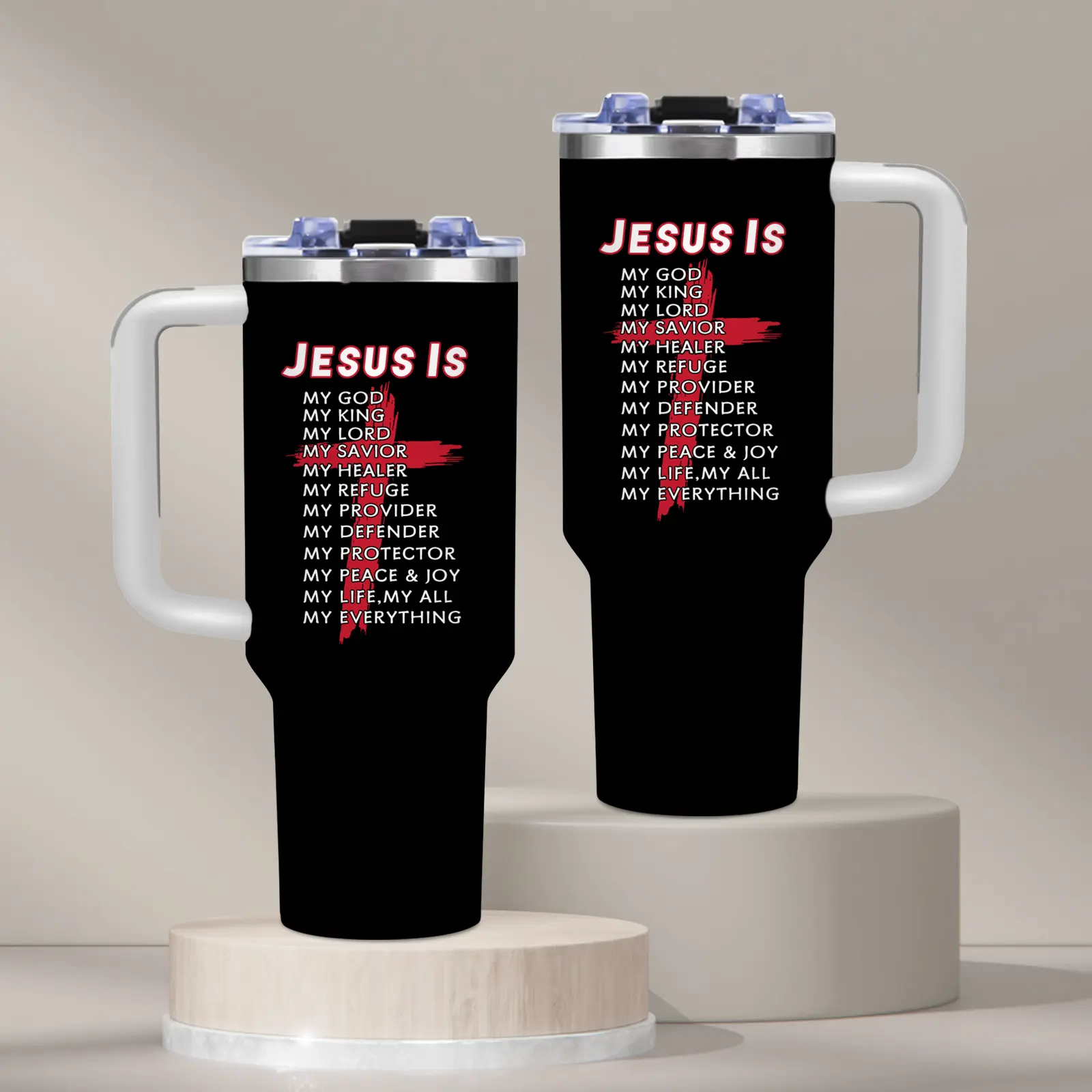 1PC Jesus Is My Savior Christian Faith Cross Design Print 40oz Traveler Tumbler BPA Free With Handle & Straw Inspirational Religious Typography Style Pattern For Home， Office， Church， Suitable For Mother's Day， Birthday Gift， Tumbler