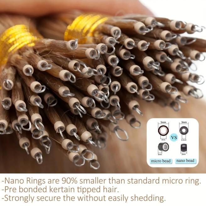 12-28 Inch 100% Remy Human Hair Extensions, Nano Tip Micro Nano Rings Cold Fusion, 50pcs 30g, Thick Smooth No Shedding No Tangle for Women