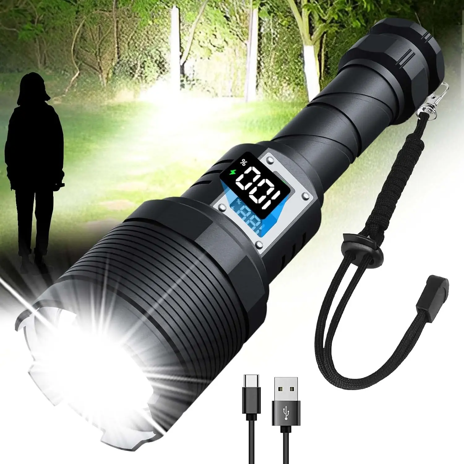 Rechargeable Flashlights MAX 200000 High Lumens,Super Bright 30W LED Flashlight,High  Brightest Flashlight for /Camping Gear,Zoomable,,5 Modes,USB Handheld Flash Light