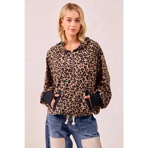 BiBi Leopard Print Waffle Half Zip Up Hoodie W Pocket