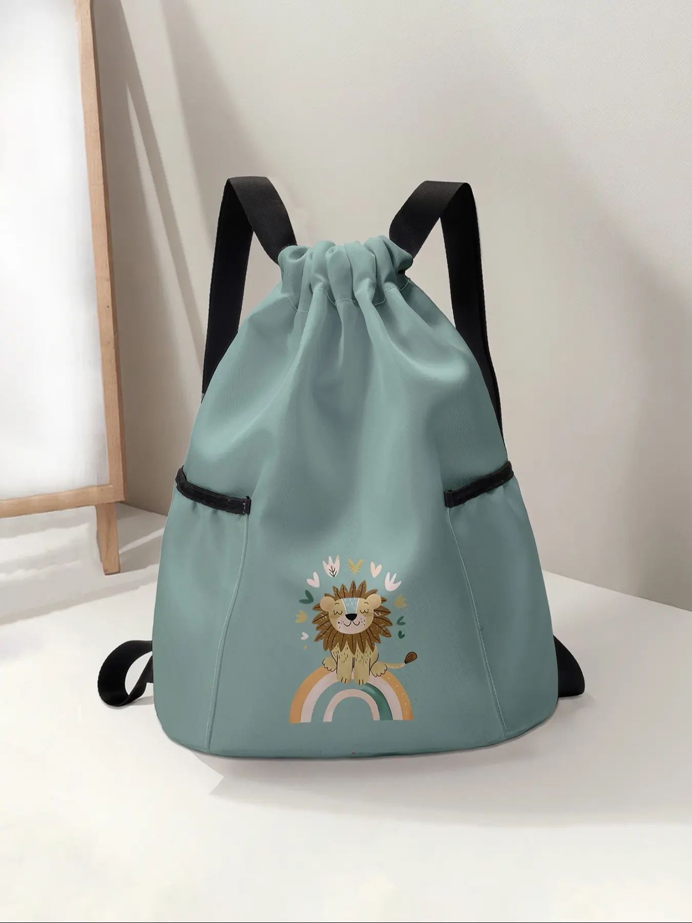 Lion Print Drawstring Backpack, Large Capacity Durable Gym Bag, Adjustable Shoulder Straps, Casual Travel Hiking Camping Bag