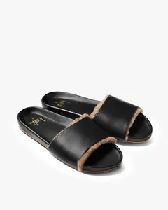 beek GALLITO SHEARLING - Black Women's Summer Open Toe Slide Sandals with Memory Foam Insole & Vegetable Tanned Leather Upper