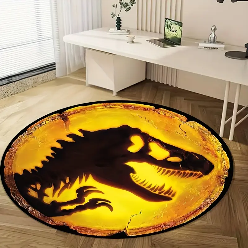PAUSEBOLL Round Dinosaur Rug - Made of soft flannel material, this rug features a dinosaur skull pattern and is suitable for living rooms, game rooms, and yoga studios.