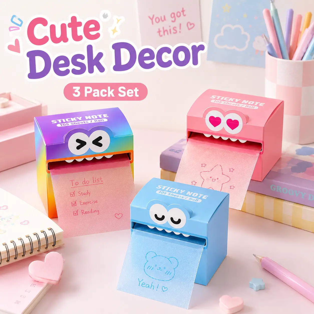 3-Pack Cute Monster Sticky Note Rolls, 105 Sheets Each, Pastel Gradient Self-Adhesive Memo Notes for School, Office, Journaling, To-Do Lists & Back-to-School Supplies, 3 Assorted Colors