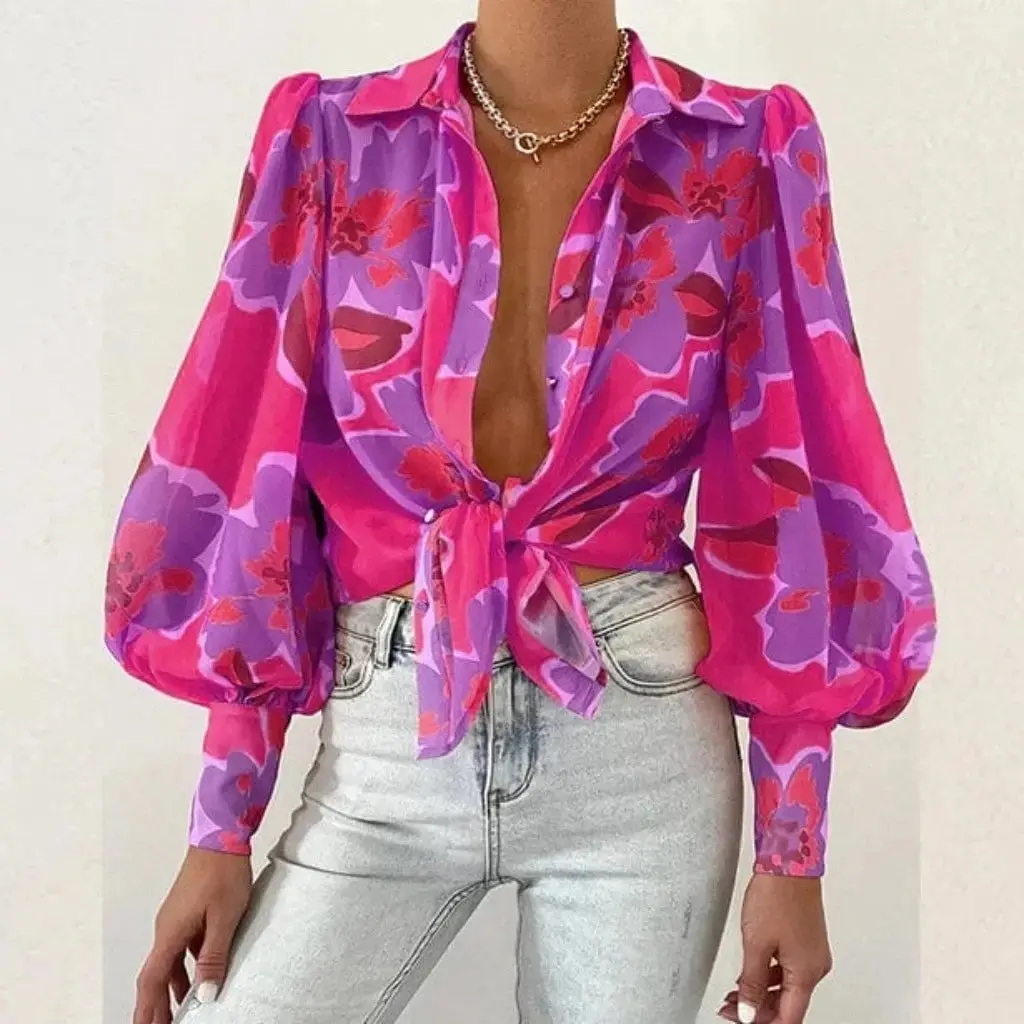Women's Casual Floral Puff Long-Sleeve Button-Down Blouse, Lightweight Top for Matching Skirts