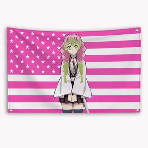 Demon Slayer Mitsuri Kanroji American Flag Tapestry, Durable Bedroom, Outdoor & Garage Wall Decoration for Fans