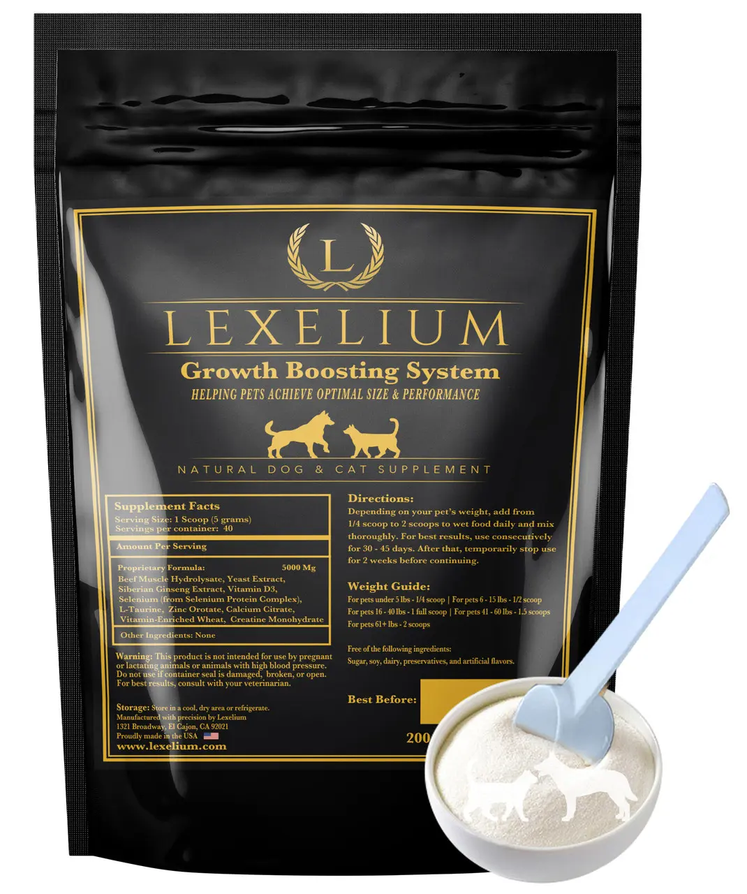 Lexelium Growth Booster Pet Supplement Powder with Beef Muscle Hydrolysate Creatine Taurine Zinc Vitamin D3 for Dogs & Cats