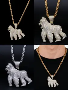 【PANG Jewelry】Hip Hop Roaring Gorilla King Kong Pendant Necklace for Men | CZ Stones Bling Chain, Bold Street Style Gift for Him, Night Out Accessory
