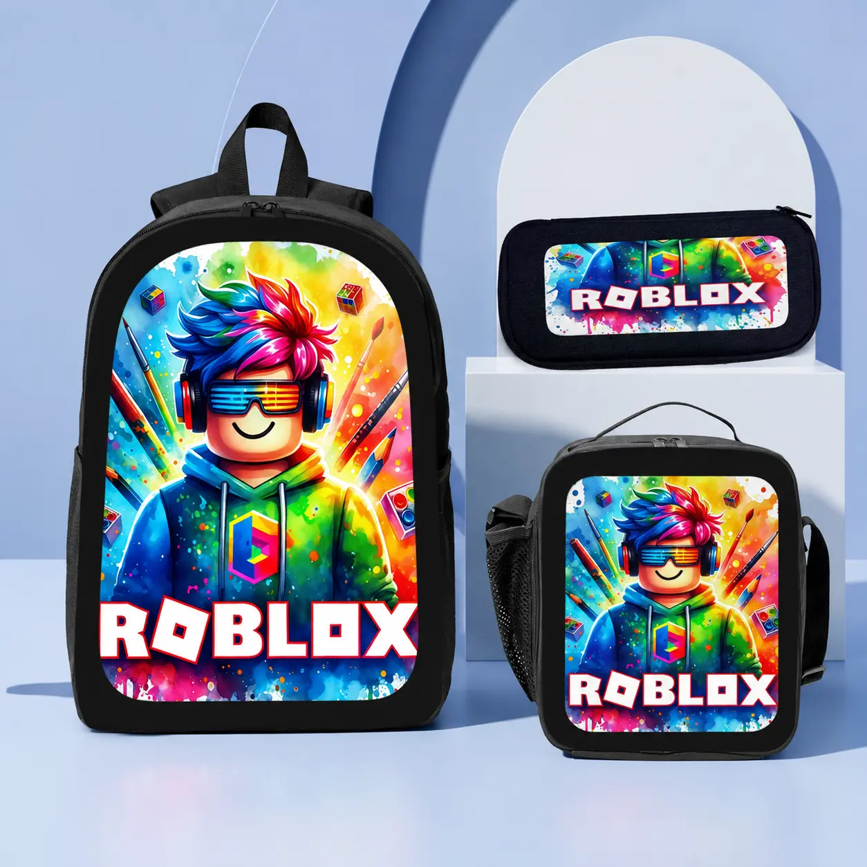 1/3PCS Roblox Graphic Backpack Set, Colorful Gaming Style Sports Bag with Lunch Bag & Pencil Case, Lightweight Travel Backpack for Outdoor Activities