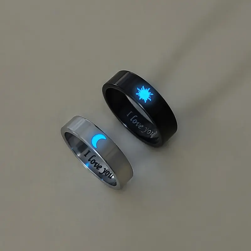 Glow-in-the-Dark Moon and Sun Love Rings - Minimalist 201 Stainless Steel Couple Jewelry, Romantic Gift for Valentine'S Day, Anniversaries, Birthdays, Valentine'S Day Jewelry|Minimalist Style|Durable Rings, Love Rings