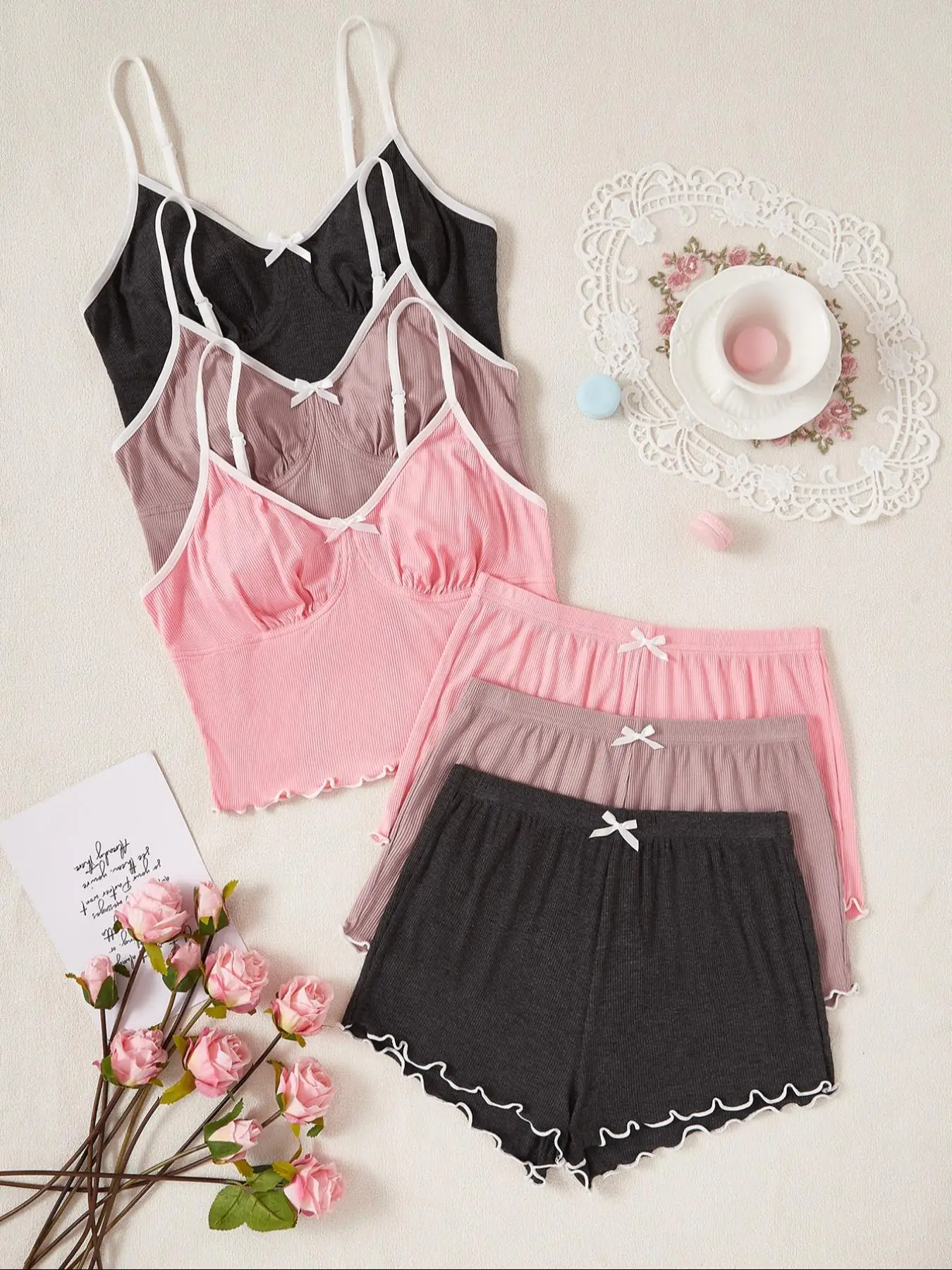 Women's Bow Front Lettuce Trim Spaghetti Pyjama Set, Lady Casual Contrast Binding Adjustable Cami Top & Elastic Waist Shorts Pj Set, Lingerie, Summer