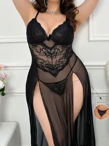 1 black plus-size nightgown, women's lingerie, baby-doll dress, sexy mesh long nightgown, exotic-style nightwear, side slit, comfortable loungewear