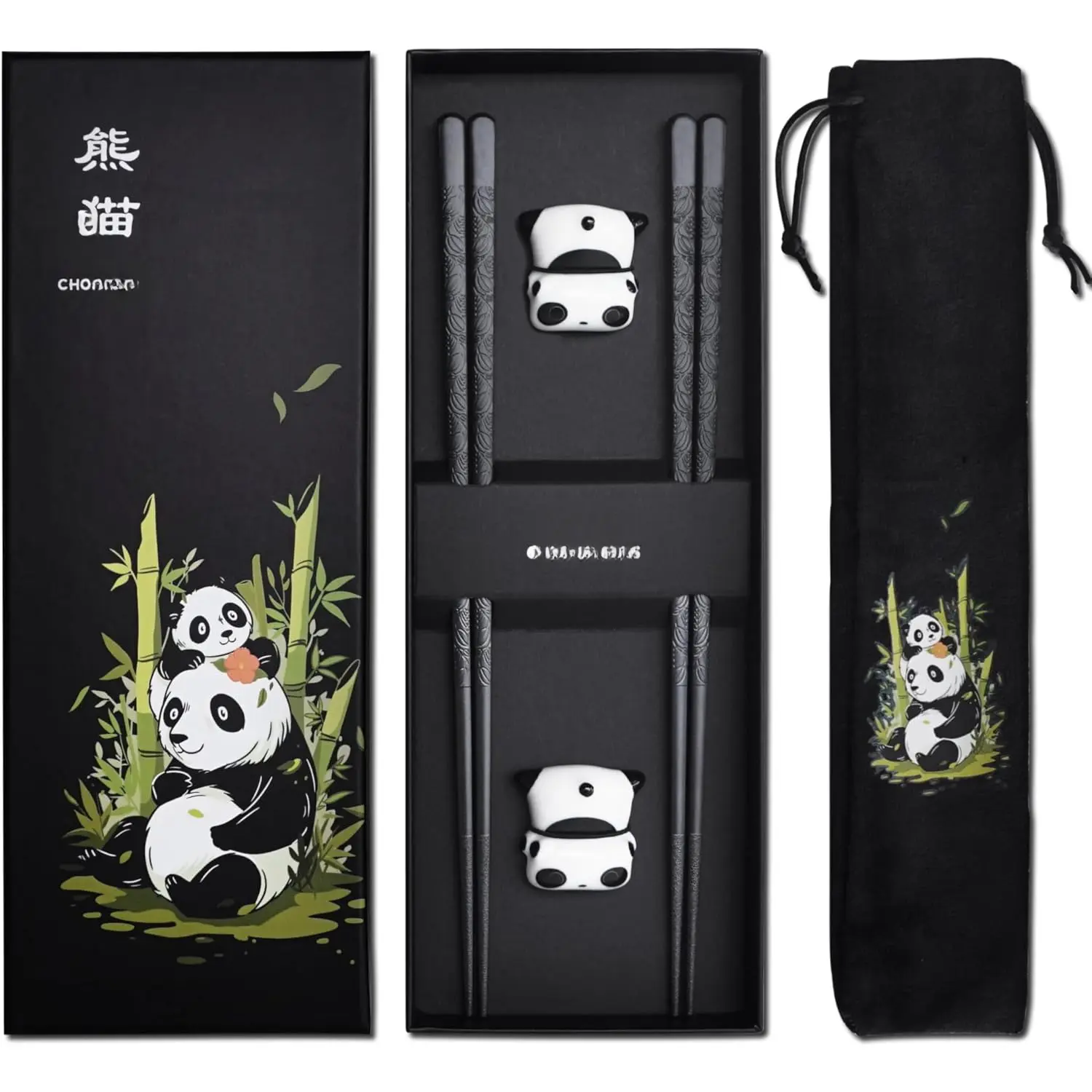 Metal Chopsticks  Fiberglass Chop sticks with Holder Chinese   Set Chopsticks Set Dishwasher Safe Alloy Chop sticks + Ceramic Cute Panda Chopstick Rest (2 Pairs - Panda)