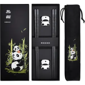 Metal Chopsticks  Fiberglass Chop sticks with Holder Chinese   Set Chopsticks Set Dishwasher Safe Alloy Chop sticks + Ceramic Cute Panda Chopstick Rest (2 Pairs - Panda)