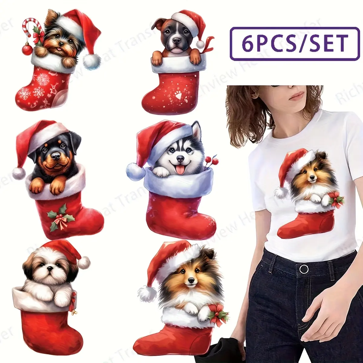 6-Piece Yvinndy 3D Heat Transfer Stickers, Cute Dog Designs, Washable Vinyl Material, DIY Fabric Patches for Clothes & Bags