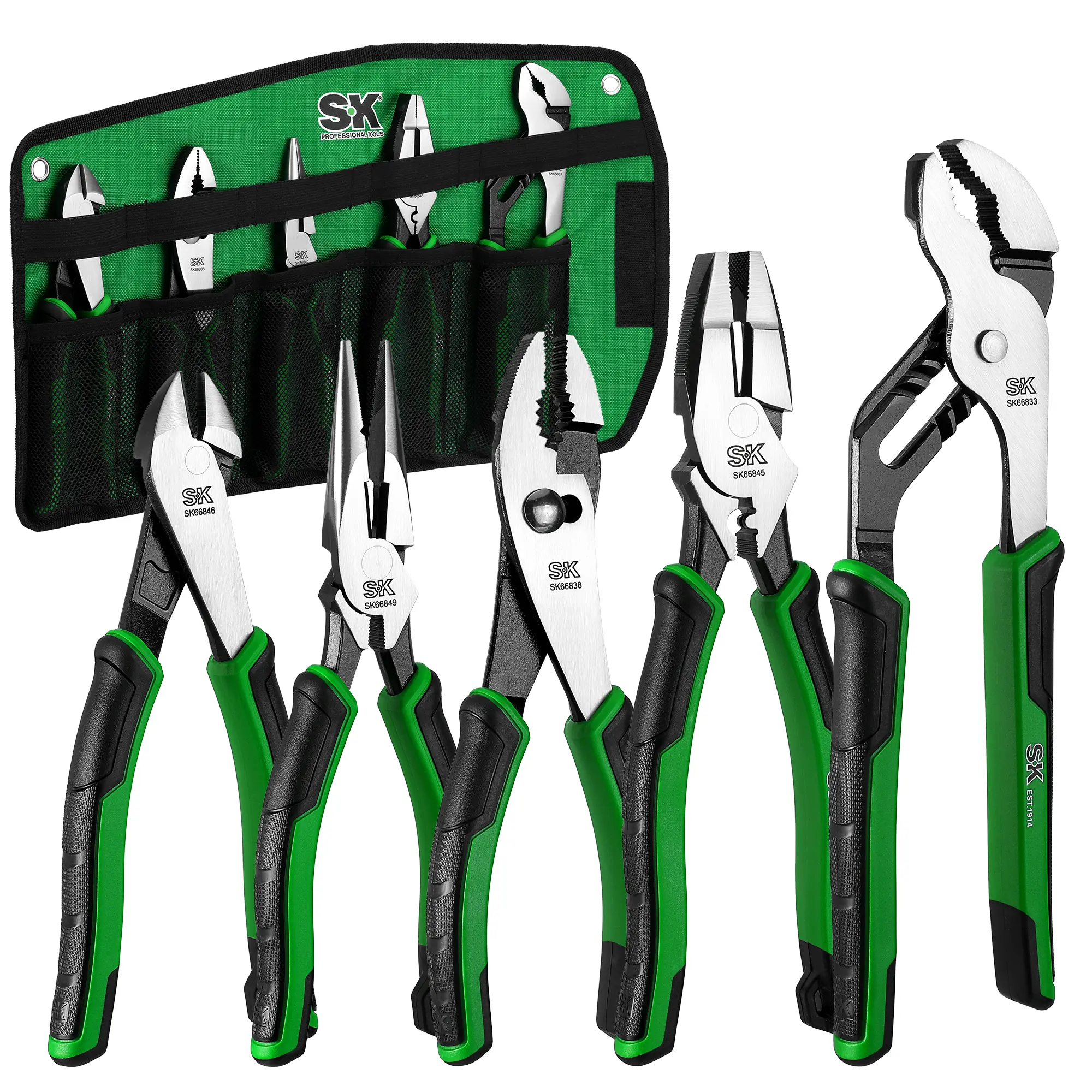 #fathersdaygift SK 5-Pack Pliers Set, 8" Needle Nose & Slip Joint & Diagonal Pliers, 9.5" Linesman Plier, and 10" Groove Joint Plier, CR-V Construction, Anti-slip Handle, with Rolling Pouch