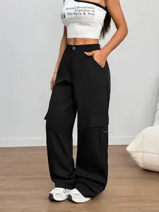 Black Cargo Pants Women High Waisted Utility Pocket Trousers Straight Leg Loose Fit Streetwear Y2K Casual Fashion Pants Urban Style Multi Pocket Everyday Wear Trendy Functional Cargo Pants