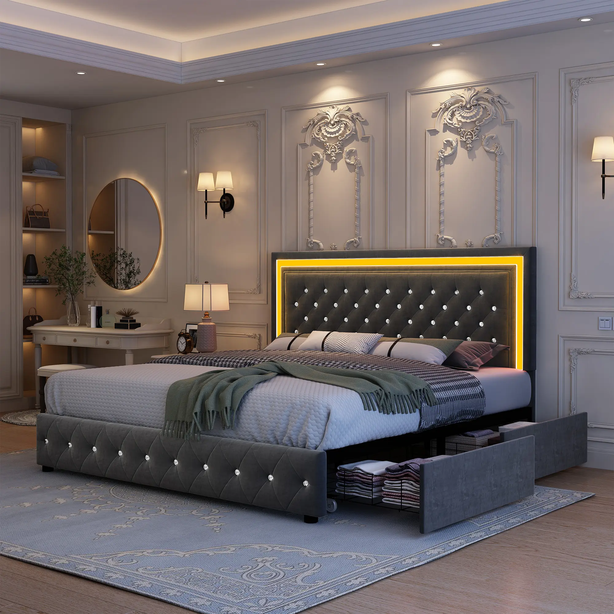 GEGOFORU Queen Bed Frame with 4 Storage Drawers, LED Platform Bed, Velvet Upholstered Headboard, Smart RGB Lights, Adjustable Headboard, Modern Bedroom Furniture, No Box Spring Needed,Gray #back to school