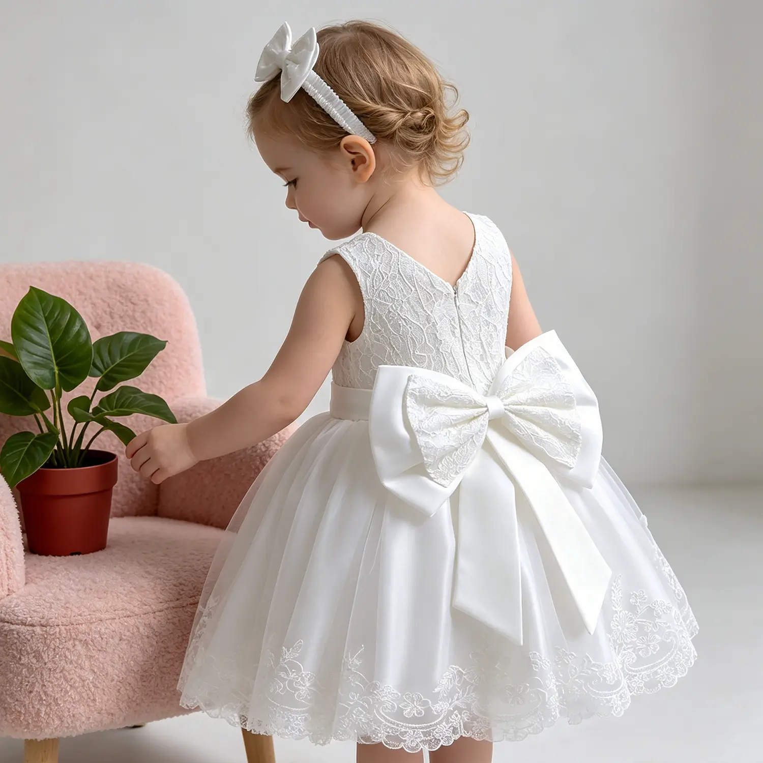 Baby Girl Lace Dress with Bow Pageant Gown for Toddler Birthday & Wedding Party Princess Special Occasion Gown