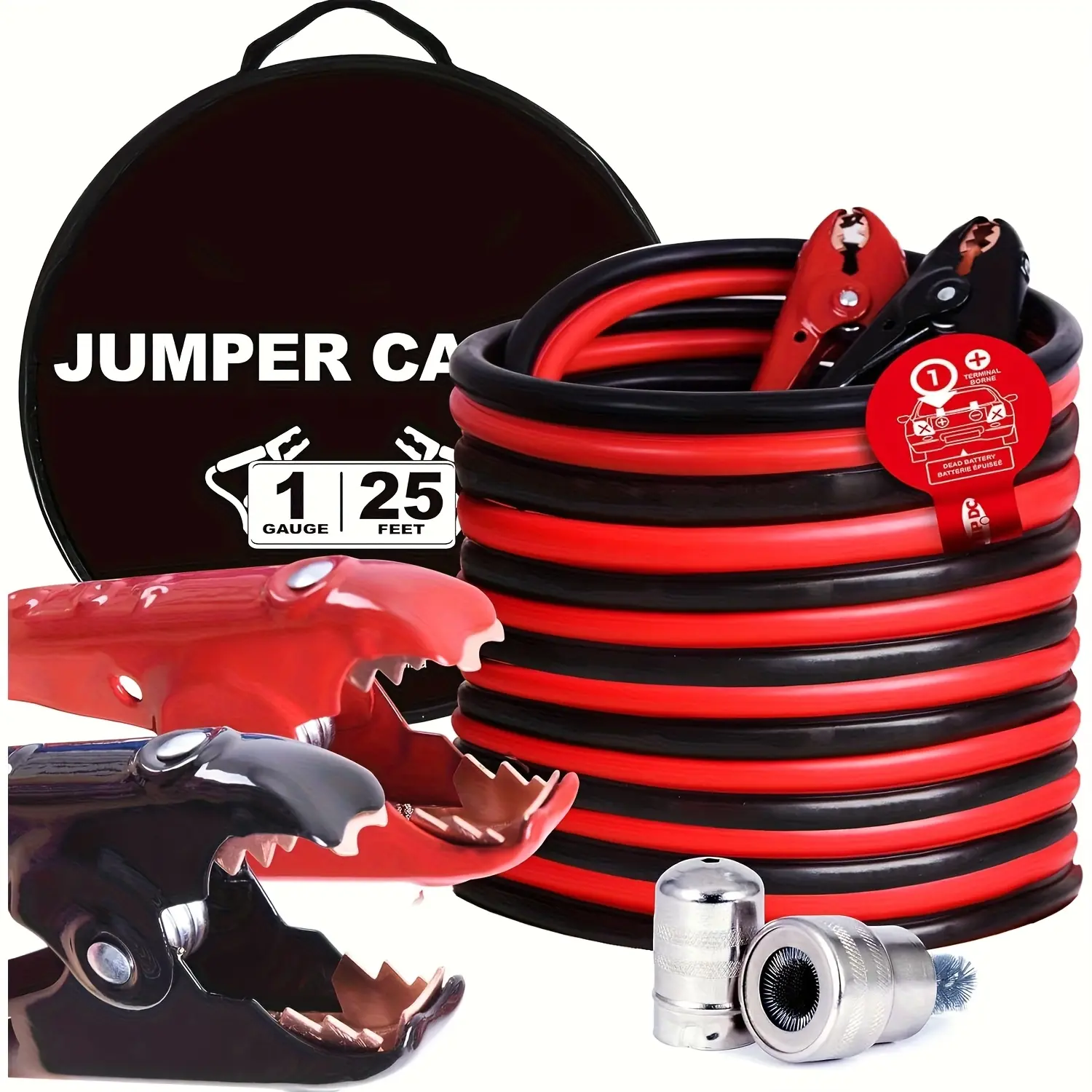 1 Gauge 25 Feet Jumper Cables for Car, SUV and Trucks Battery, Heavy Duty Automotive Booster Cables for Jump Starting Dead or Weak Batteries with Carry Bag