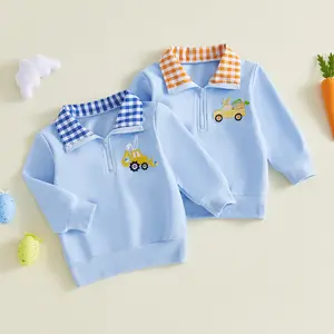 Babamoon Kids Baby Boys Easter Tops Sweatshirt Long Sleeve Turn-down Collar Plaid Embroidery Hoodie Pullover Easter Clothes for Boys Girls 6M-4Y