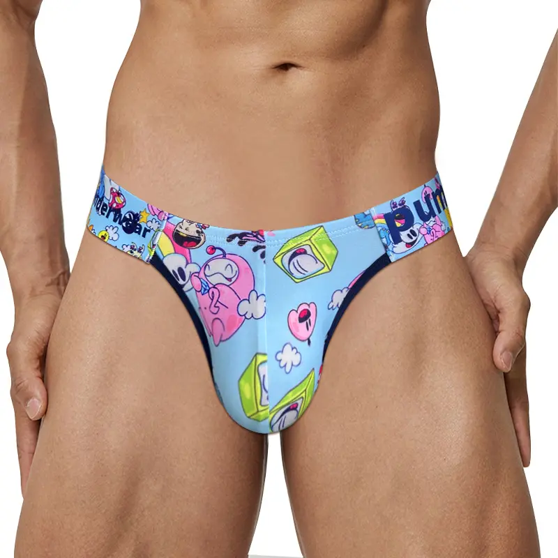 Sexy High-Cut Men's Briefs - Cartoon Doodle Print, Low-Rise, Lift & Shape, No Side Seam, Sport Underwear for Men  Blue men's underwear