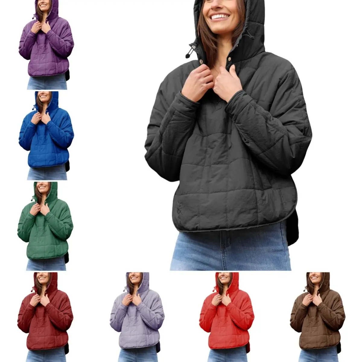 Women's Pullover Puffer Jacket Quilted Lightweight Dolman Sleeve Button Down Hooded Padded Coat with Pocket