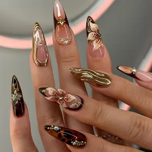 Vintage Brown Amber Gradient Tortoiseshell Leopard Print Cat-Eye Long Stiletto Press-On Nails, Rhinestone Embellished, 3D Gold Bead Gold-Trimmed Flower Rhinestone Liquid Gold Ripple Decor, Perfect for Party, Date & Commute, with Jelly Glue and Nail File