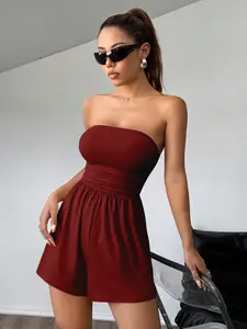 Burgundy Strapless Ruched Jumpsuit for Women's Summer Outfits Cute Casual Backless Romper with High Waist Slight Stretch Fabric