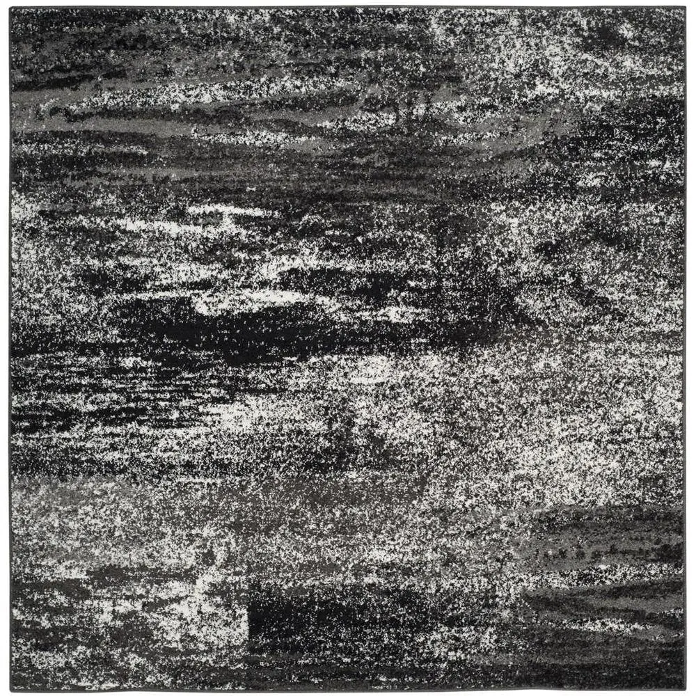 Silver / Black Area Rug with Power Loomed Polypropylene Pile, Square Shape